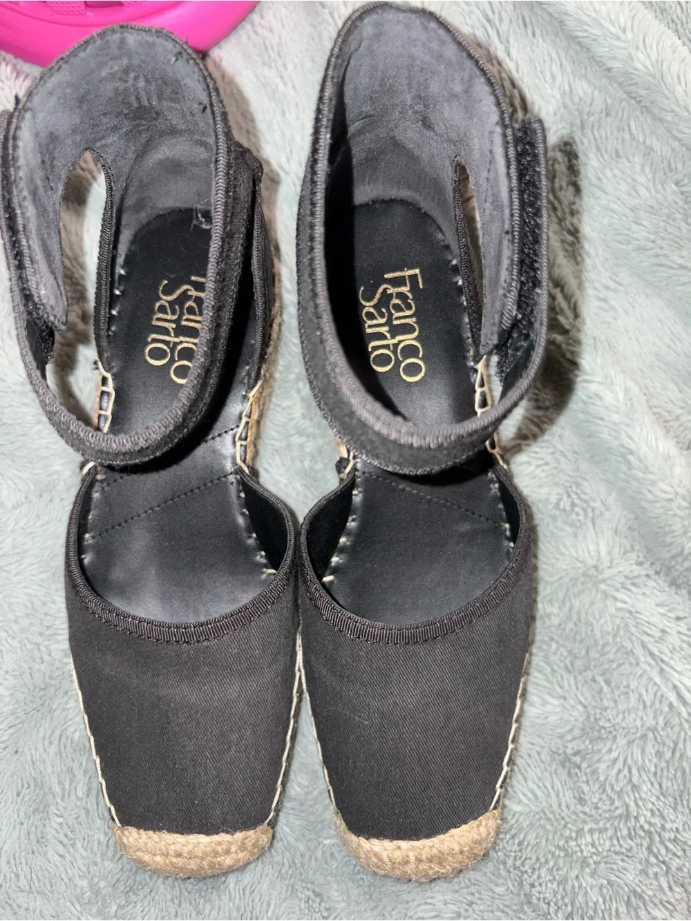 Frye Black Espadrille Ankle-Strap Flats with Natural Jute Toe